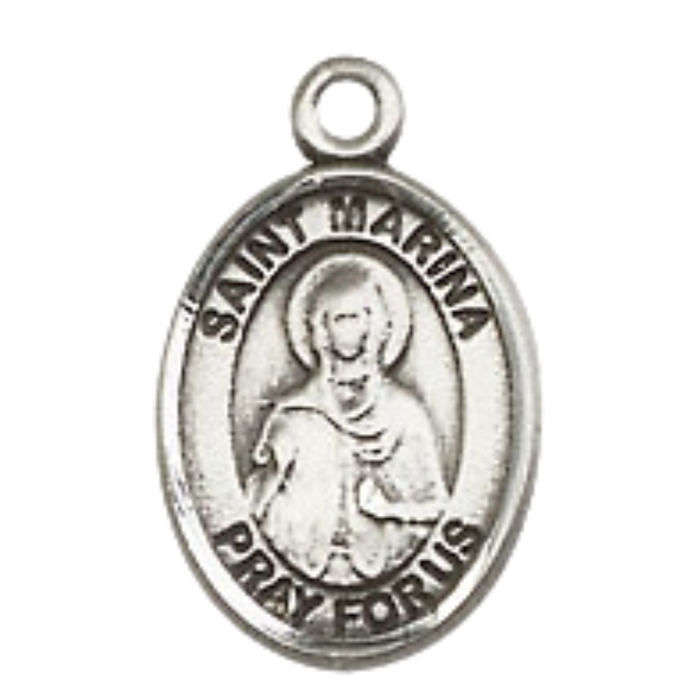 Small Sized Women's Pewter Saint St. Marina Medal Pendant on 18 Inch Rhodium Plated Lite Curb Brass Chain with Lobster Claw Clasp, Catholic Religious Necklace - Made in USA- Velvet Gift Box