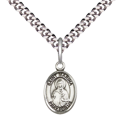 Small Sized Men's Pewter Saint St. Marina Medal Pendant on 24 Inch Endless Rhodium Plated Heavy Curb Brass Chain, Catholic Religious Necklace - Made in USA- Deluxe Velvet Gift Box