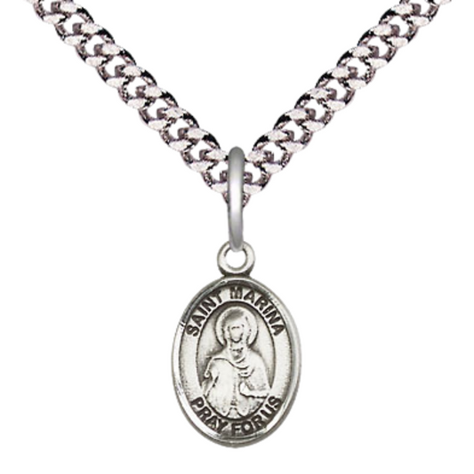 Small Sized Men's Pewter Saint St. Marina Medal Pendant on 24 Inch Endless Rhodium Plated Heavy Curb Brass Chain, Catholic Religious Necklace - Made in USA- Deluxe Velvet Gift Box