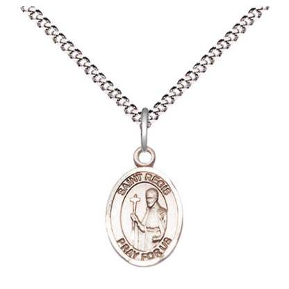 Small Sized Women's Pewter Saint St. Regis Medal Pendant on 18 Inch Rhodium Plated Lite Curb Brass Chain with Lobster Claw Clasp, Catholic Religious Necklace - Made in USA- Velvet Gift Box