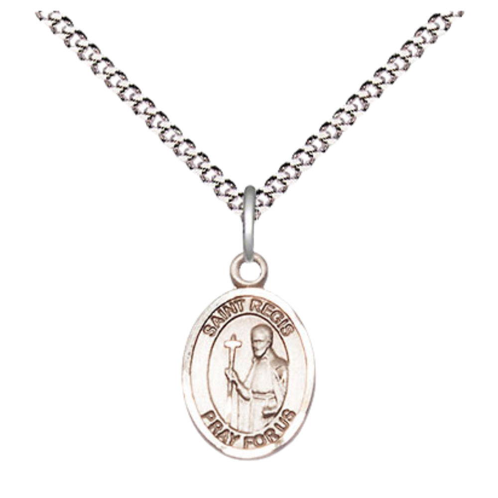 Small Sized Women's .925 Sterling Silver Saint St. Regis Medal Pendant on 18 Inch Rhodium Plated Lite Curb Brass Chain with Lobster Claw Clasp, Catholic Religious Necklace - Made in USA- Velvet Gift Box