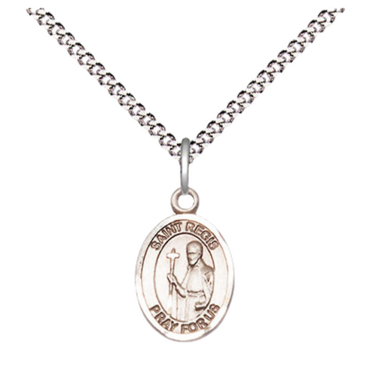 Small Sized Women's .925 Sterling Silver Saint St. Regis Medal Pendant on 18 Inch Rhodium Plated Lite Curb Brass Chain with Lobster Claw Clasp, Catholic Religious Necklace - Made in USA- Velvet Gift Box