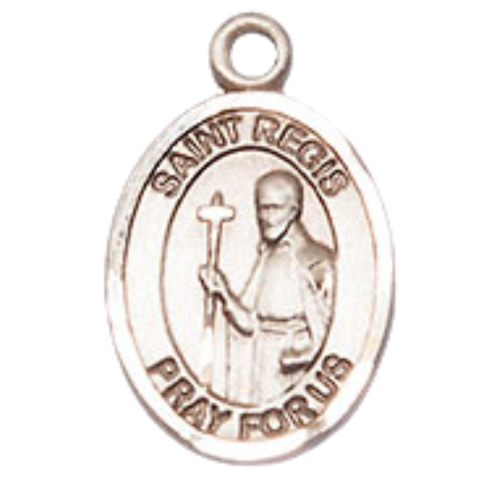 Small Sized Women's Pewter Saint St. Regis Medal Pendant on 18 Inch Rhodium Plated Lite Curb Brass Chain with Lobster Claw Clasp, Catholic Religious Necklace - Made in USA- Velvet Gift Box