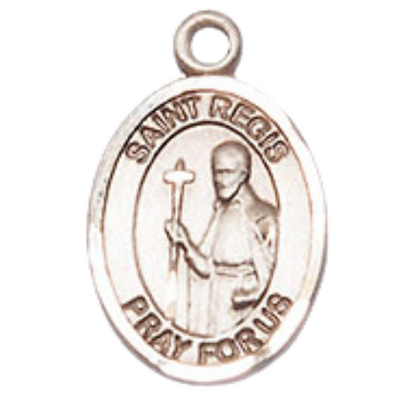 Small Sized Women's Pewter Saint St. Regis Medal Pendant on 18 Inch Rhodium Plated Lite Curb Brass Chain with Lobster Claw Clasp, Catholic Religious Necklace - Made in USA- Velvet Gift Box