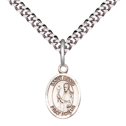Everlasting Light Jewelry Small Sized Men's Pewter Saint St. Regis Medal Pendant on 24 Inch Endless Rhodium Plated Heavy Curb Brass Chain, Catholic Religious Necklace - Made in USA- Deluxe Velvet Gift Box