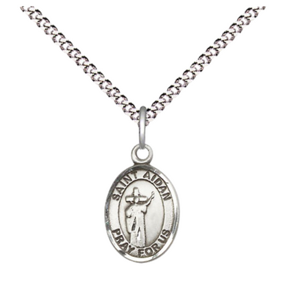 Small Sized Women's .925 Sterling Silver Saint St. Aidan of Lindesfarne Medal Pendant on 18 Inch Rhodium Plated Lite Curb Brass Chain w/ Lobster Claw Clasp, Catholic Religious Necklace - Made in USA- Velvet Gift Box