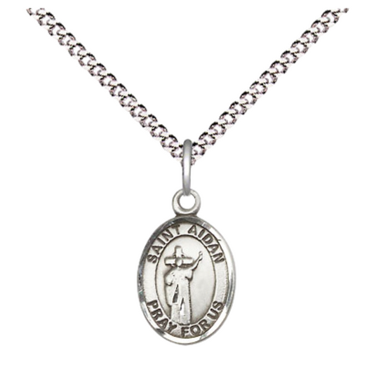 Small Sized Women's .925 Sterling Silver Saint St. Aidan of Lindesfarne Medal Pendant on 18 Inch Rhodium Plated Lite Curb Brass Chain w/ Lobster Claw Clasp, Catholic Religious Necklace - Made in USA- Velvet Gift Box