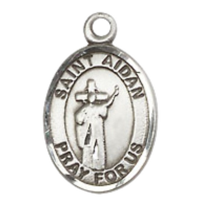 Small Sized Women's .925 Sterling Silver Saint St. Aidan of Lindesfarne Medal Pendant on 18 Inch Rhodium Plated Lite Curb Brass Chain w/ Lobster Claw Clasp, Catholic Religious Necklace - Made in USA- Velvet Gift Box