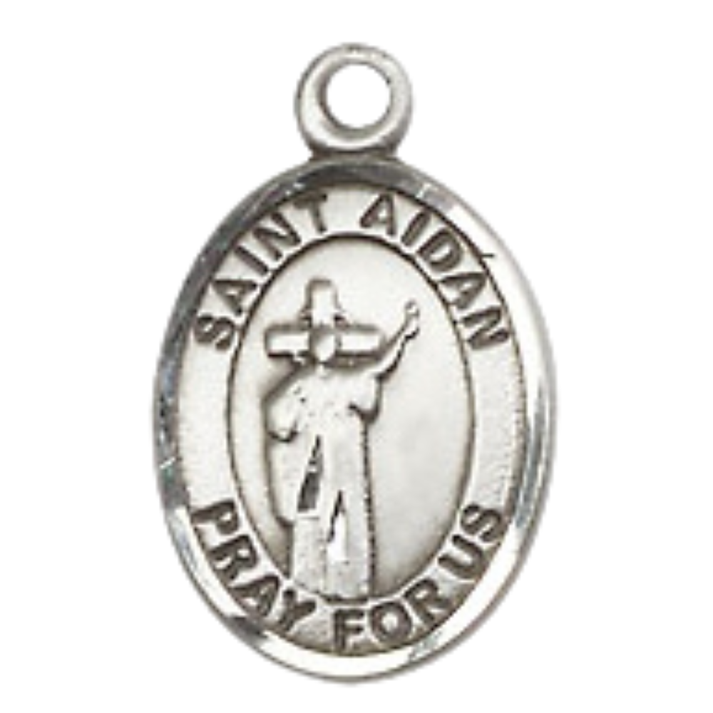 Small Sized Women's Pewter Saint Aidan of Lindesfarne Medal Pendant on 18 Inch Rhodium Plated Lite Curb Brass Chain with Lobster Claw Clasp, Catholic Religious Necklace - Made in USA- Velvet Gift Box