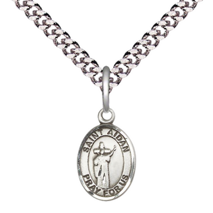 Small Sized Men's Pewter Saint St. Aidan of Lindesfarne Medal Pendant on 24 Inch Endless Rhodium Plated Heavy Curb Brass Chain, Catholic Religious Necklace - Made in USA- Deluxe Velvet Gift Box