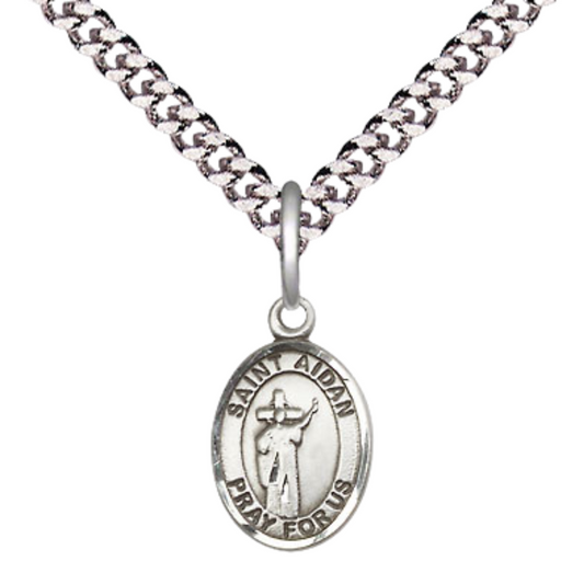 Small Sized Men's Pewter Saint St. Aidan of Lindesfarne Medal Pendant on 24 Inch Endless Rhodium Plated Heavy Curb Brass Chain, Catholic Religious Necklace - Made in USA- Deluxe Velvet Gift Box