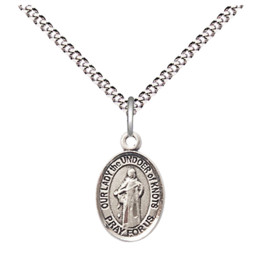 Small Sized Women's .925 Sterling Silver Our Lady of Knots Medal Pendant on 18 Inch Rhodium Plated Lite Curb Brass Chain with Lobster Claw Clasp, Catholic Religious Necklace - Made in USA- Velvet Gift Box
