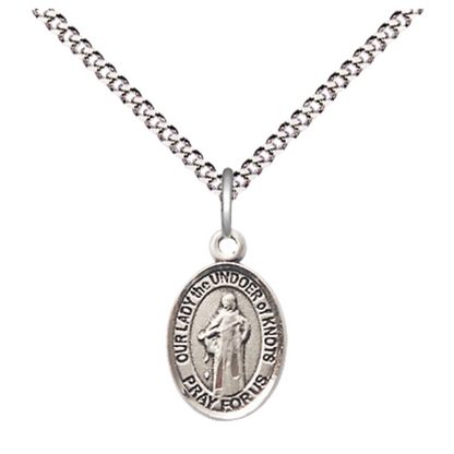 Small Sized Women's .925 Sterling Silver Our Lady of Knots Medal Pendant on 18 Inch Rhodium Plated Lite Curb Brass Chain with Lobster Claw Clasp, Catholic Religious Necklace - Made in USA- Velvet Gift Box