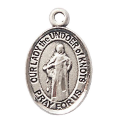 Small Sized Women's .925 Sterling Silver Our Lady of Knots Medal Pendant on 18 Inch Rhodium Plated Lite Curb Brass Chain with Lobster Claw Clasp, Catholic Religious Necklace - Made in USA- Velvet Gift Box