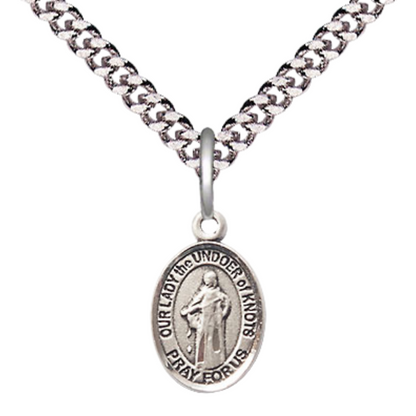 Small Sized Men's Pewter Our Lady the Undoer of Knots Medal Pendant on 24 Inch Endless Rhodium Plated Heavy Curb Brass Chain, Catholic Religious Necklace - Made in USA- Deluxe Velvet Gift Box