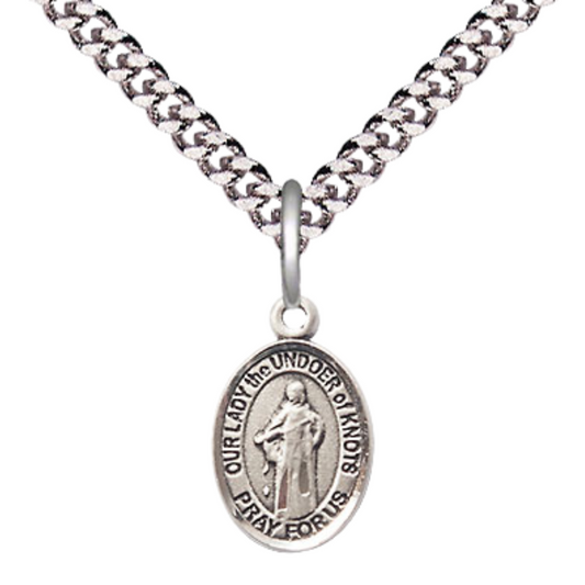 Small Sized Men's Pewter Our Lady the Undoer of Knots Medal Pendant on 24 Inch Endless Rhodium Plated Heavy Curb Brass Chain, Catholic Religious Necklace - Made in USA- Deluxe Velvet Gift Box