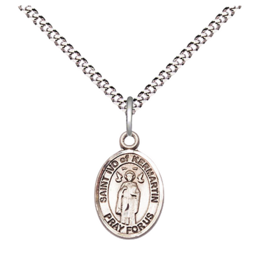 Small Sized Women's .925 Sterling Silver Saint St. Ivo Medal Pendant on 18 Inch Rhodium Plated Lite Curb Brass Chain with Lobster Claw Clasp, Catholic Religious Necklace - Made in USA- Velvet Gift Box