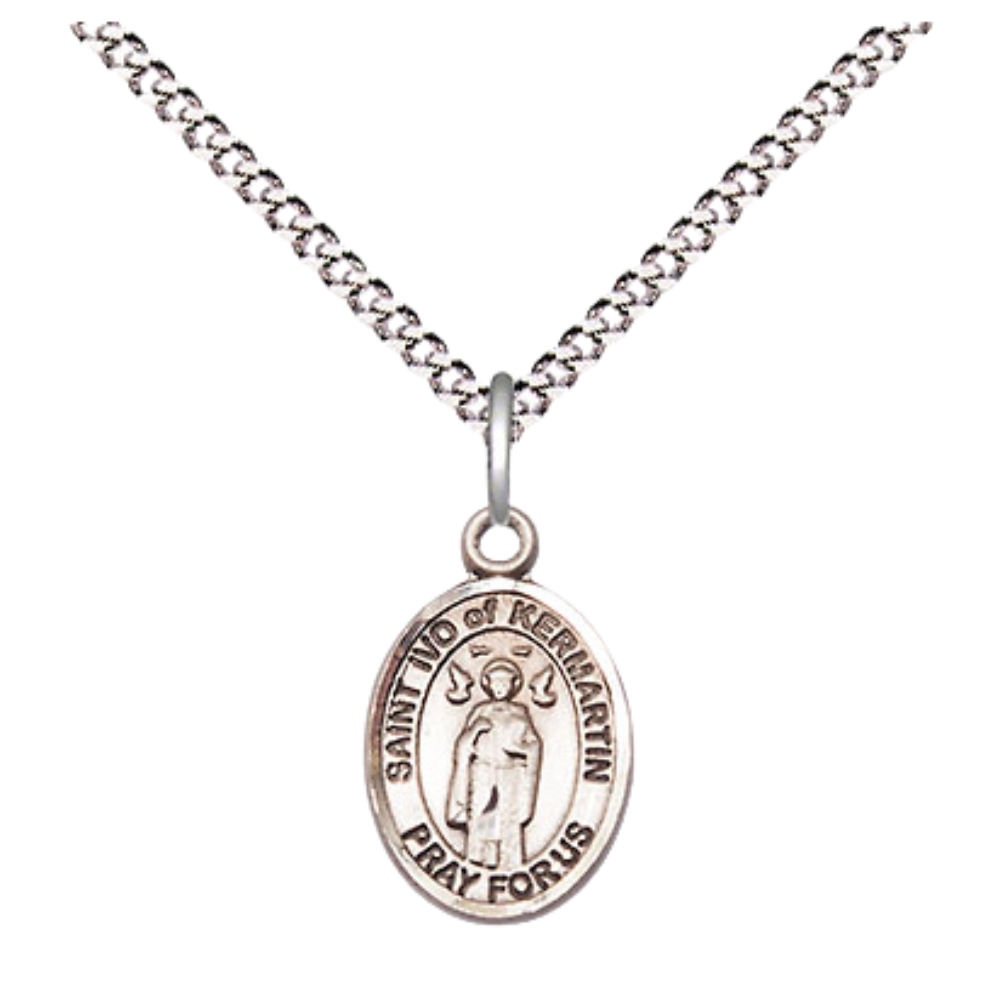 Small Sized Women's Pewter Saint St. Ivo Medal Pendant on 18 Inch Rhodium Plated Lite Curb Brass Chain with Lobster Claw Clasp, Catholic Religious Necklace - Made in USA- Velvet Gift Box