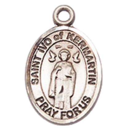 Small Sized Women's Pewter Saint St. Ivo Medal Pendant on 18 Inch Rhodium Plated Lite Curb Brass Chain with Lobster Claw Clasp, Catholic Religious Necklace - Made in USA- Velvet Gift Box