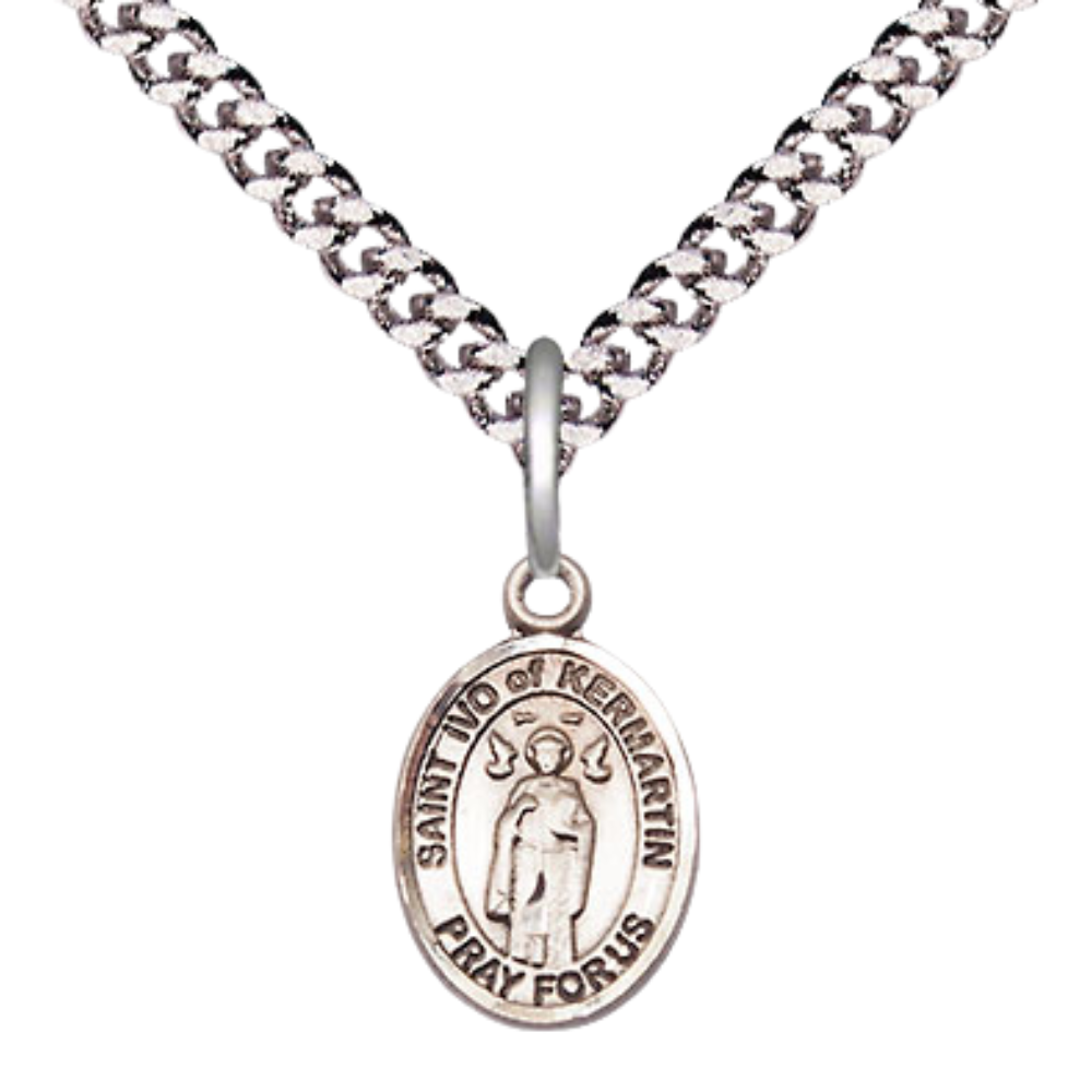 Everlasting Light Jewelry Small Sized Men's Pewter Saint St. Ivo Medal Pendant on 24 Inch Endless Rhodium Plated Heavy Curb Brass Chain, Catholic Religious Necklace - Made in USA- Deluxe Velvet Gift Box