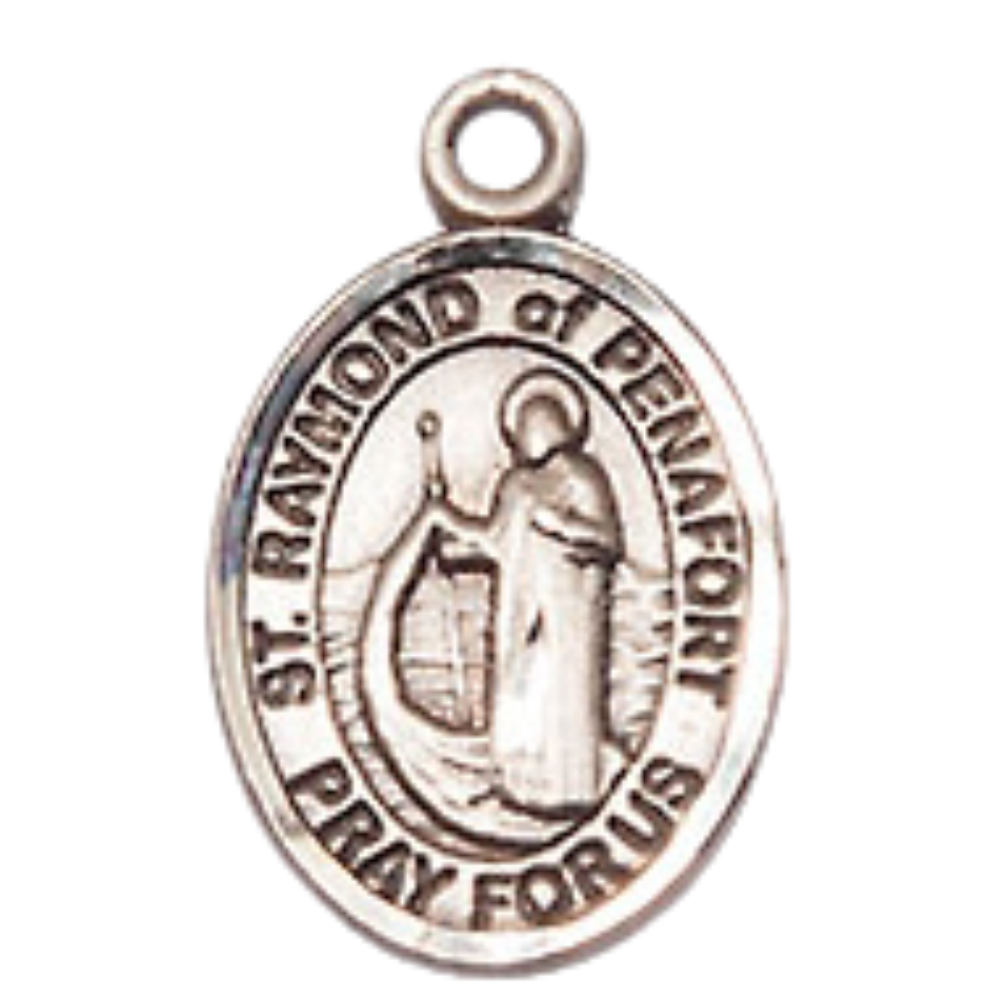 Small Sized Women's Pewter Saint St. Raymond of Penafort Medal Pendant on 18 Inch Rhodium Plated Lite Curb Brass Chain with Lobster Claw Clasp, Catholic Religious Necklace - Made in USA- Velvet Gift Box