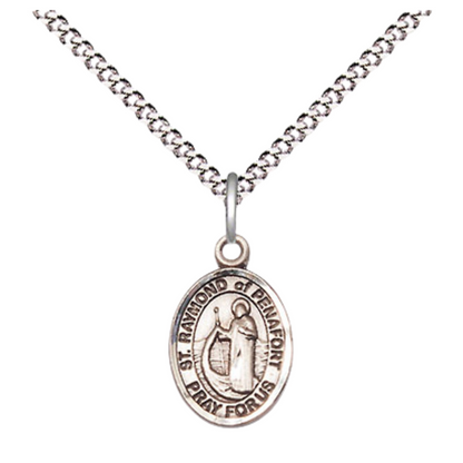 Small Sized Women's Pewter Saint St. Raymond of Penafort Medal Pendant on 18 Inch Rhodium Plated Lite Curb Brass Chain with Lobster Claw Clasp, Catholic Religious Necklace - Made in USA- Velvet Gift Box