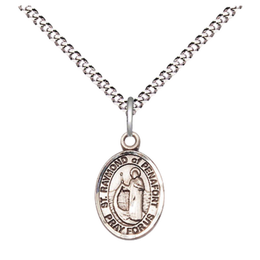 Small Sized Women's .925 Sterling Silver Saint St. Raymond of Penafort Medal Pendant on 18 Inch Rhodium Plated Lite Curb Brass Chain w/ Lobster Claw Clasp, Catholic Religious Necklace - Made in USA- Velvet Gift Box