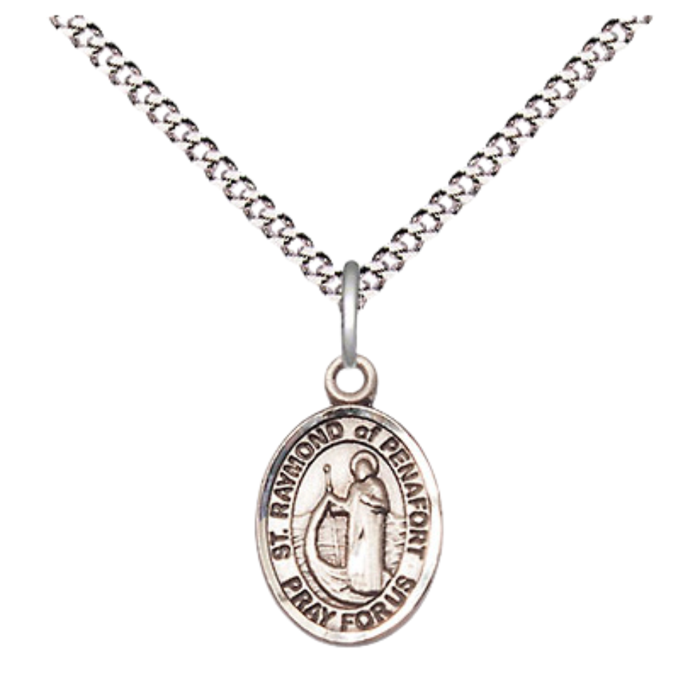 Small Sized Women's Pewter Saint St. Raymond of Penafort Medal Pendant on 18 Inch Rhodium Plated Lite Curb Brass Chain with Lobster Claw Clasp, Catholic Religious Necklace - Made in USA- Velvet Gift Box