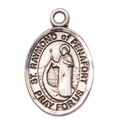 Small Sized Women's Pewter Saint St. Raymond of Penafort Medal Pendant on 18 Inch Rhodium Plated Lite Curb Brass Chain with Lobster Claw Clasp, Catholic Religious Necklace - Made in USA- Velvet Gift Box