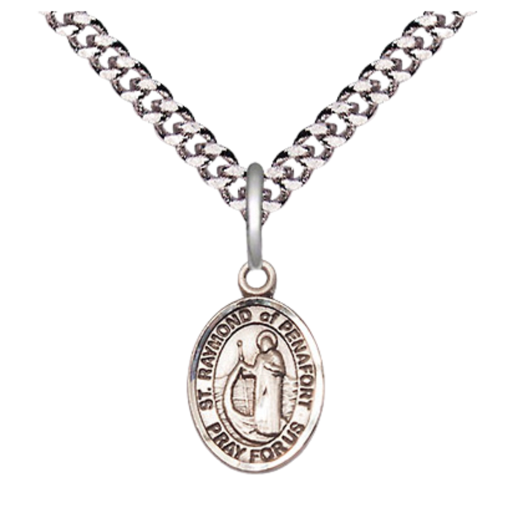 Small Sized Men's .925 Sterling Silver Saint St. Raymond of Penafort Medal Pendant on 24 Inch Endless Rhodium Plated Heavy Curb Brass Chain, Catholic Religious Necklace - Made in USA- Deluxe Velvet Gift Box