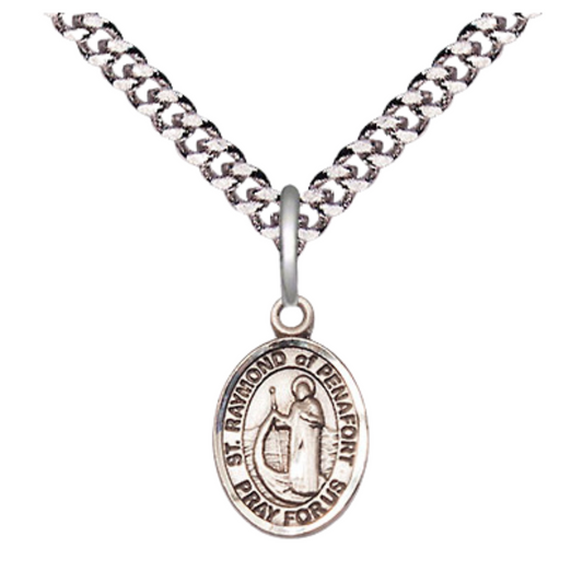 Small Sized Men's Pewter Saint St. Raymond of Penafort Medal Pendant on 24 Inch Endless Rhodium Plated Heavy Curb Brass Chain, Catholic Religious Necklace - Made in USA- Deluxe Velvet Gift Box