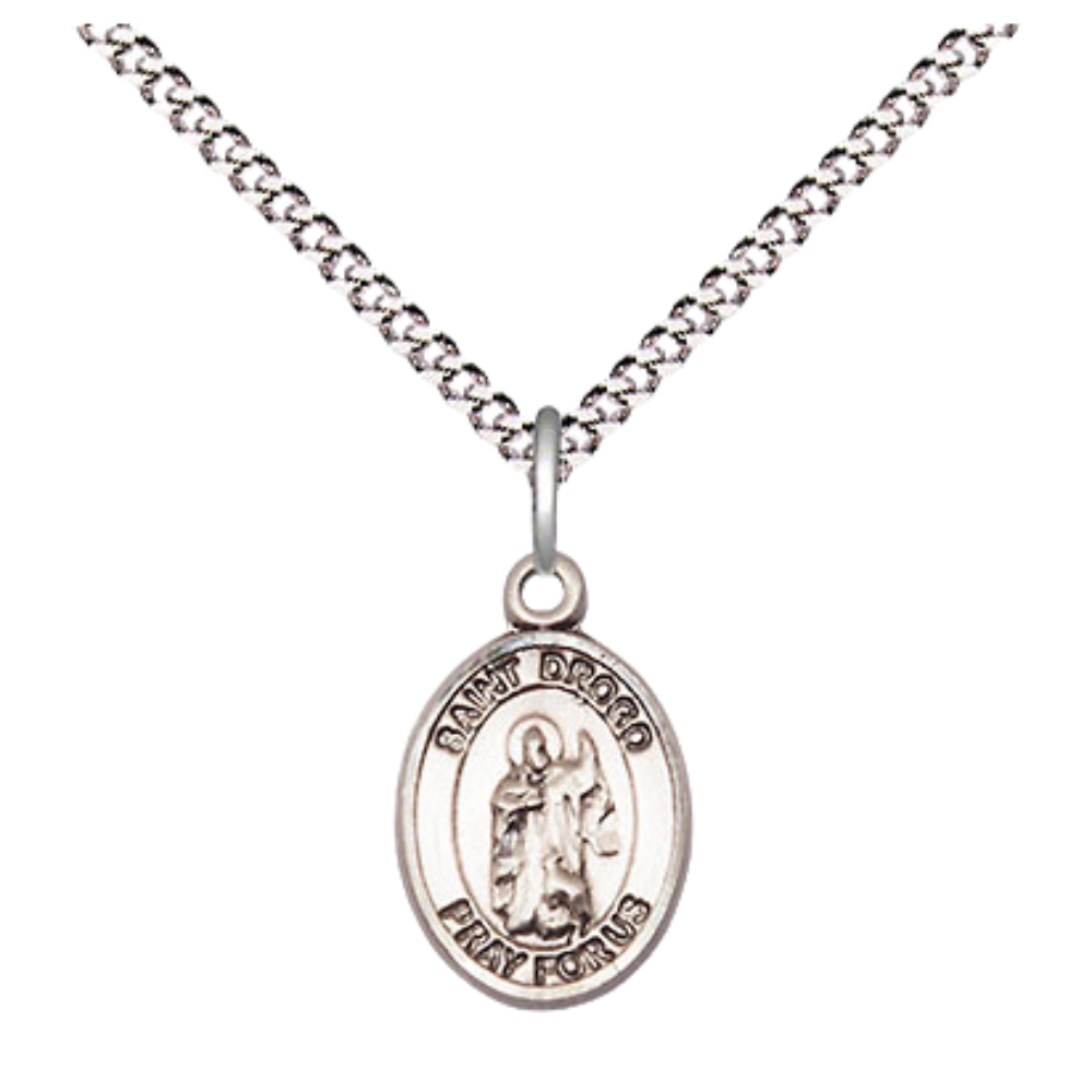 Small Sized Women's .925 Sterling Silver Saint St. Drogo Medal Pendant on 18 Inch Rhodium Plated Lite Curb Brass Chain with Lobster Claw Clasp, Catholic Religious Necklace - Made in USA- Velvet Gift Box