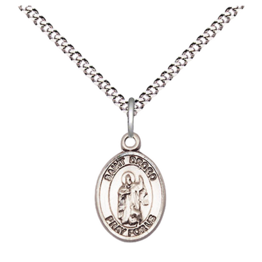 Small Sized Women's .925 Sterling Silver Saint St. Drogo Medal Pendant on 18 Inch Rhodium Plated Lite Curb Brass Chain with Lobster Claw Clasp, Catholic Religious Necklace - Made in USA- Velvet Gift Box