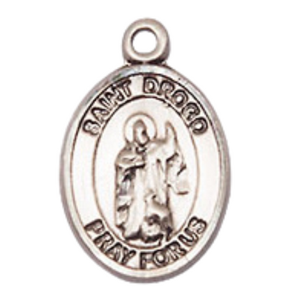 Small Sized Women's Pewter Saint St. Drogo Medal Pendant on 18 Inch Rhodium Plated Lite Curb Brass Chain with Lobster Claw Clasp, Catholic Religious Necklace - Made in USA- Velvet Gift Box