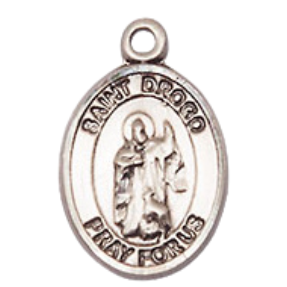 Small Sized Women's Pewter Saint St. Drogo Medal Pendant on 18 Inch Rhodium Plated Lite Curb Brass Chain with Lobster Claw Clasp, Catholic Religious Necklace - Made in USA- Velvet Gift Box