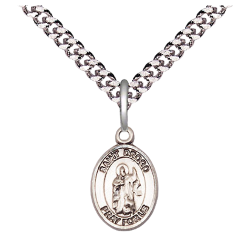Everlasting Light Jewelry Small Sized Men's Pewter Saint St. Drogo Medal Pendant on 24 Inch Endless Rhodium Plated Heavy Curb Brass Chain, Catholic Religious Necklace - Made in USA- Deluxe Velvet Gift Box
