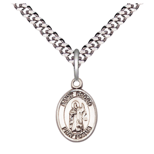 Everlasting Light Jewelry Small Sized Men's Pewter Saint St. Drogo Medal Pendant on 24 Inch Endless Rhodium Plated Heavy Curb Brass Chain, Catholic Religious Necklace - Made in USA- Deluxe Velvet Gift Box
