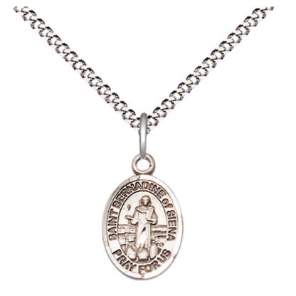 Small Sized Women's Pewter Saint St. Bernadine of Sienna Medal Pendant on 18 Inch Rhodium Plated Lite Curb Brass Chain with Lobster Claw Clasp, Catholic Religious Necklace - Made in USA- Velvet Gift Box