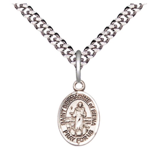 Small Sized Men's Pewter Saint St. Bernadine of Sienna Medal Pendant on 24 Inch Endless Rhodium Plated Heavy Curb Brass Chain, Catholic Religious Necklace - Made in USA- Deluxe Velvet Gift Box