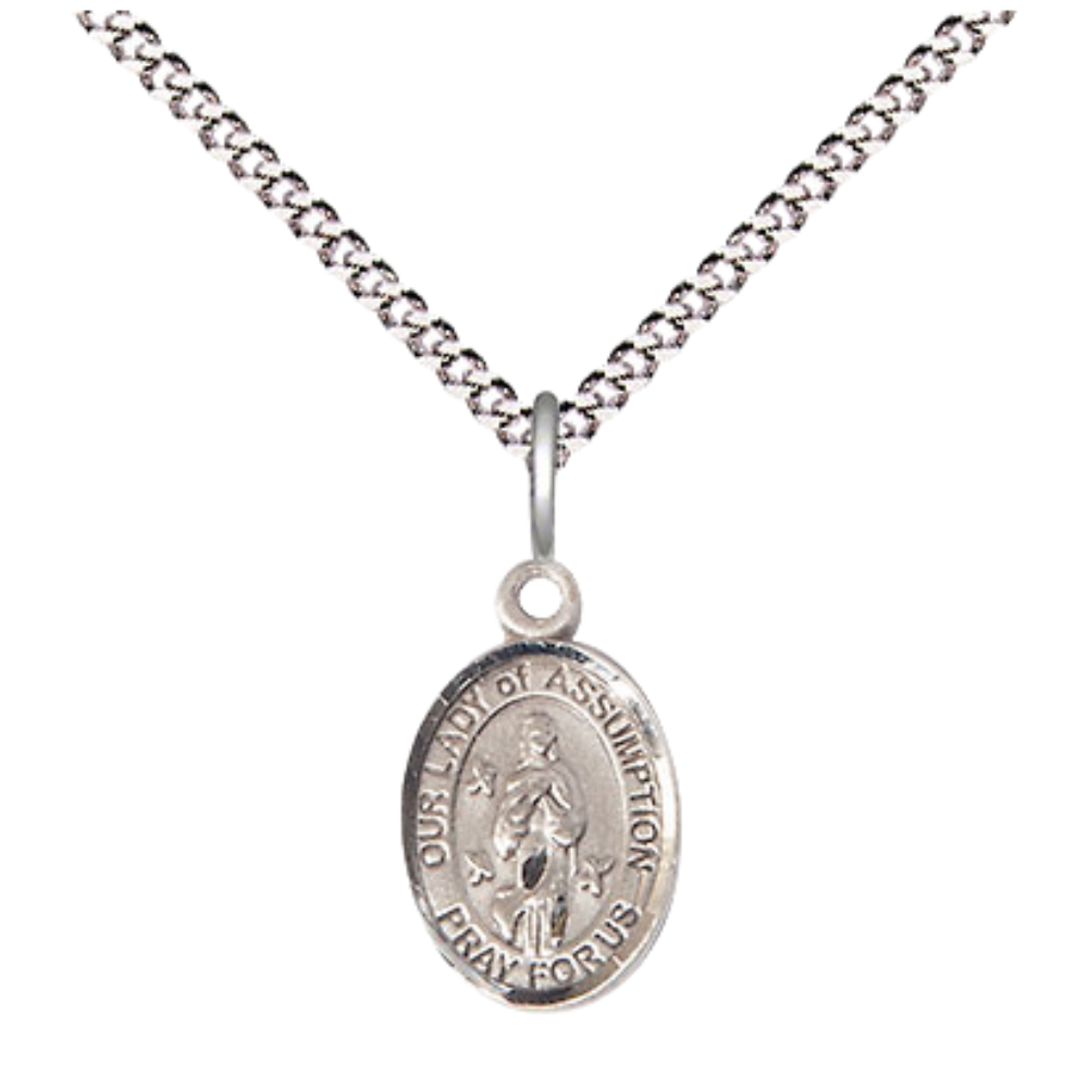 Small Sized Women's Pewter Our Lady of Assumption Medal Pendant on 18 Inch Rhodium Plated Lite Curb Brass Chain with Lobster Claw Clasp, Catholic Religious Necklace - Made in USA- Velvet Gift Box
