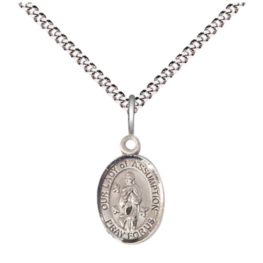 Small Sized Women's Pewter Our Lady of Assumption Medal Pendant on 18 Inch Rhodium Plated Lite Curb Brass Chain with Lobster Claw Clasp, Catholic Religious Necklace - Made in USA- Velvet Gift Box