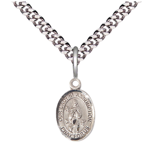 Small Sized Men's Pewter Our Lady of Assumption Medal Pendant on 24 Inch Endless Rhodium Plated Heavy Curb Brass Chain, Catholic Religious Necklace - Made in USA- Deluxe Velvet Gift Box
