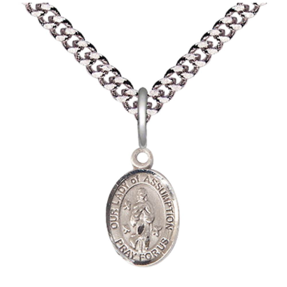 Small Sized Men's .925 Sterling Silver Our Lady of Assumption Medal Pendant on 24 Inch Endless Rhodium Plated Heavy Curb Brass Chain, Catholic Religious Necklace - Made in USA- Deluxe Velvet Gift Box