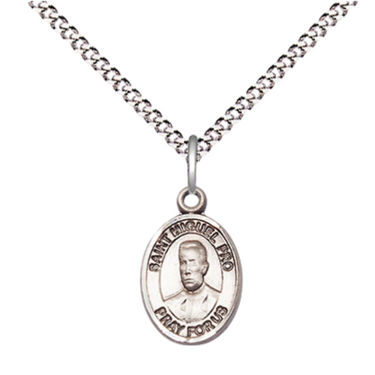 Small Sized Women's Pewter Blessed Miguel Pro Medal Pendant on 18 Inch Rhodium Plated Lite Curb Brass Chain with Lobster Claw Clasp, Catholic Religious Necklace - Made in USA- Velvet Gift Box