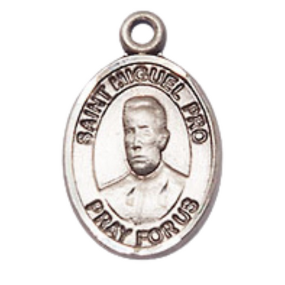 Small Sized Men's Pewter Blessed Miguel Pro Medal Pendant on 24 Inch Endless Rhodium Plated Heavy Curb Brass Chain, Catholic Religious Necklace - Made in USA- Deluxe Velvet Gift Box