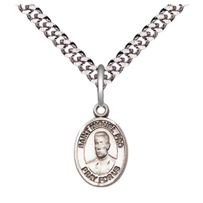 Small Sized Men's Pewter Blessed Miguel Pro Medal Pendant on 24 Inch Endless Rhodium Plated Heavy Curb Brass Chain, Catholic Religious Necklace - Made in USA- Deluxe Velvet Gift Box