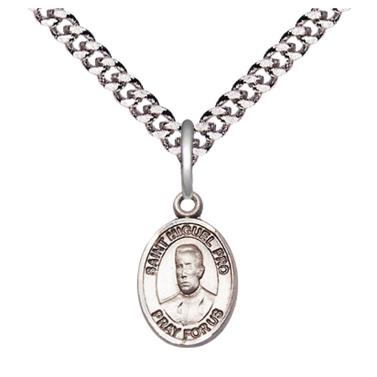 Small Sized Men's Pewter Blessed Miguel Pro Medal Pendant on 24 Inch Endless Rhodium Plated Heavy Curb Brass Chain, Catholic Religious Necklace - Made in USA- Deluxe Velvet Gift Box
