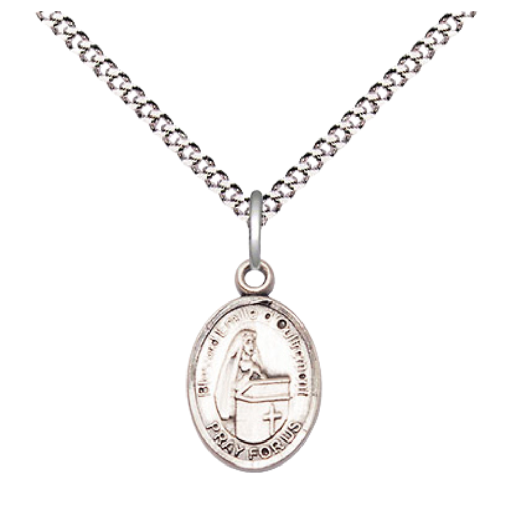Small Sized Women's .925 Sterling Silver Blessed Emilee Doultremont Medal Pendant on 18 Inch Rhodium Plated Lite Curb Brass Chain w/ Lobster Claw Clasp, Catholic Religious Necklace - Made in USA- Velvet Gift Box