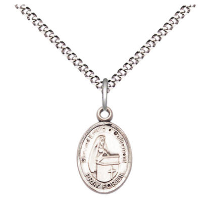 Small Sized Women's .925 Sterling Silver Blessed Emilee Doultremont Medal Pendant on 18 Inch Rhodium Plated Lite Curb Brass Chain w/ Lobster Claw Clasp, Catholic Religious Necklace - Made in USA- Velvet Gift Box