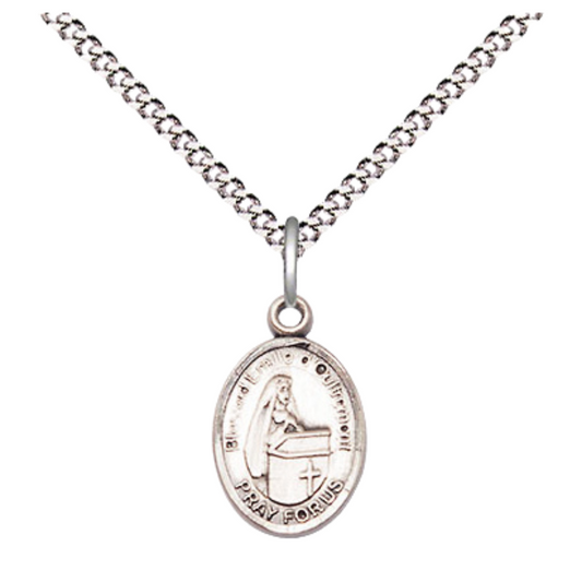 Small Sized Women's Pewter Blessed Emilee Doultremont Medal Pendant on 18 Inch Rhodium Plated Lite Curb Brass Chain with Lobster Claw Clasp, Catholic Religious Necklace - Made in USA- Velvet Gift Box